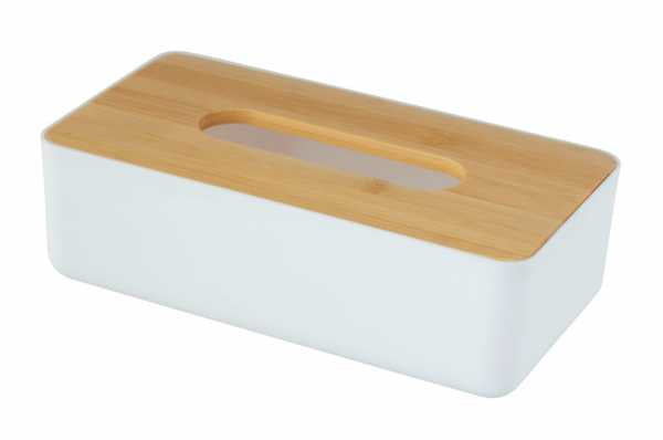 WENKO Kosmetiktuchbox Rotello – Tisch, Bambus/Kunststoff, 24×7,5 cm, Weiss/Natur