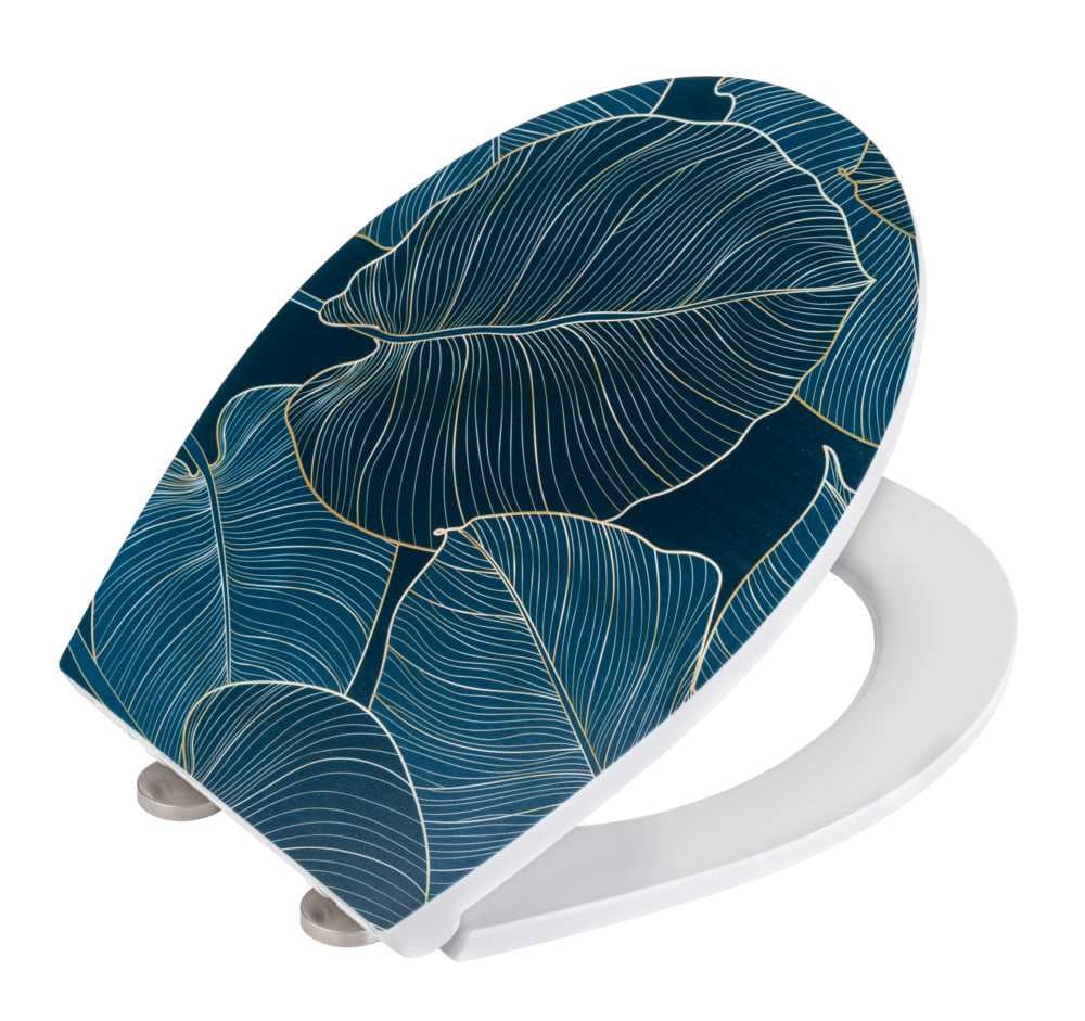 WENKO Big Leaves – WC-Sitz – Duroplast, Blau, Grün, mit Deckel, Soft-Close, 38 × 44,5 cm