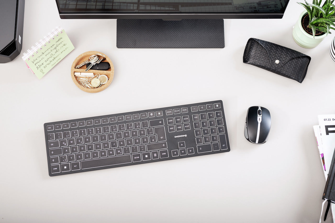 CHERRY KW 9100 SLIM – Tastatur, kabellos (Bluetooth/2,4 GHz), CH-Layout (DE-CH), Fullsize (mit Ziffernblock)