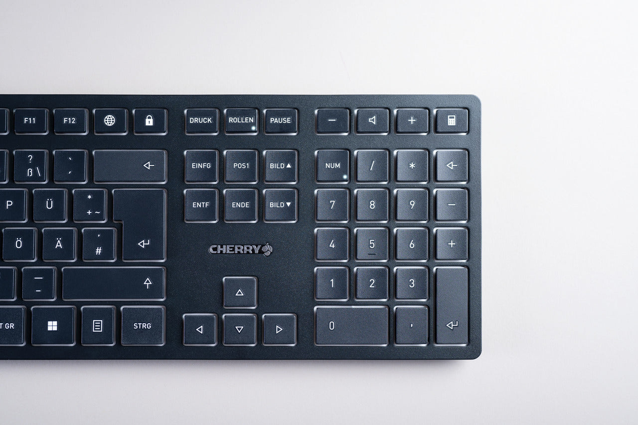 CHERRY KW 9100 SLIM – Tastatur, kabellos (Bluetooth/2,4 GHz), CH-Layout (DE-CH), Fullsize (mit Ziffernblock)