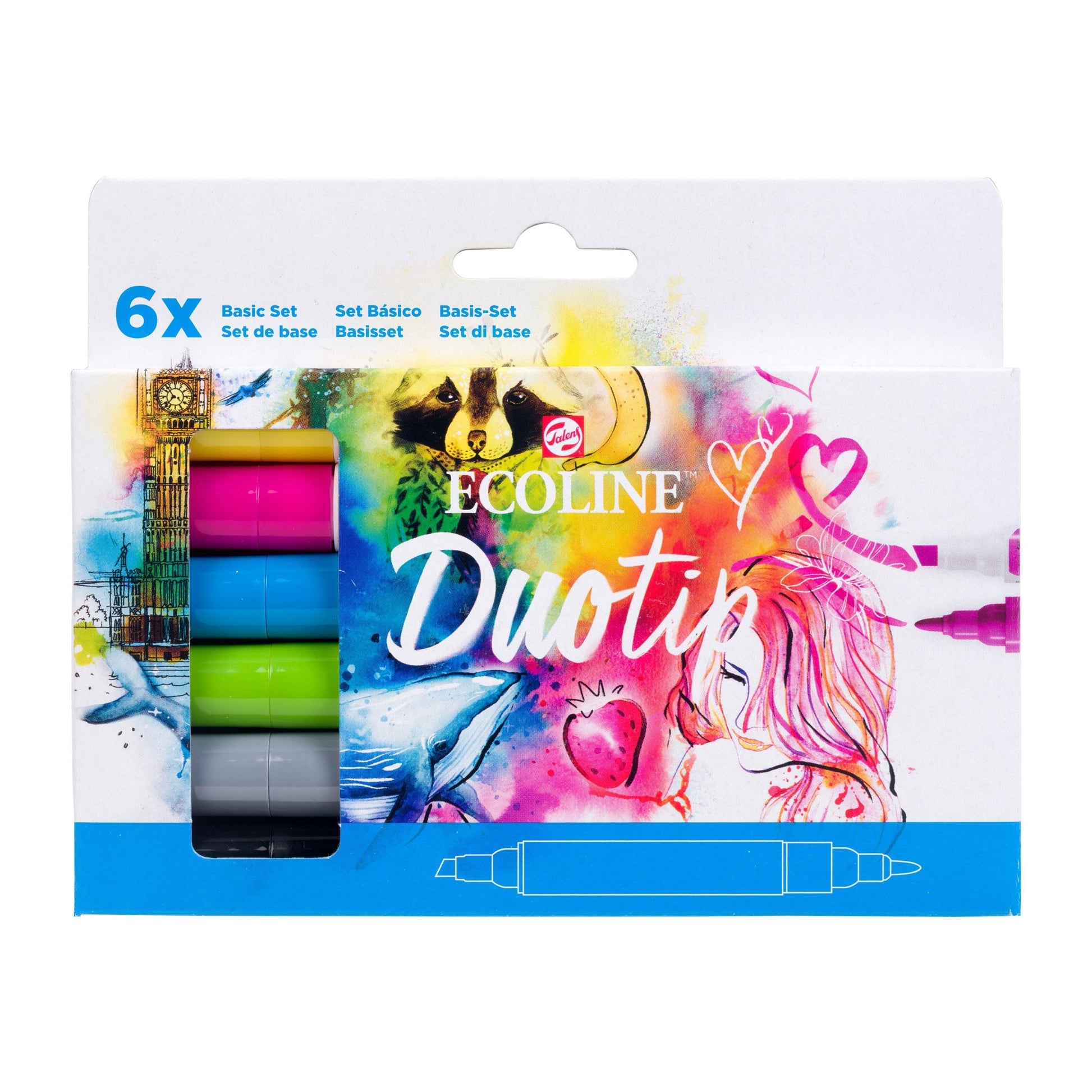 Ecoline Non-Permanent-Marker Duotip – Keilspitze 6 mm, Rundspitze 1-2 mm – sortiert – 6er-Set – wasservermalbar