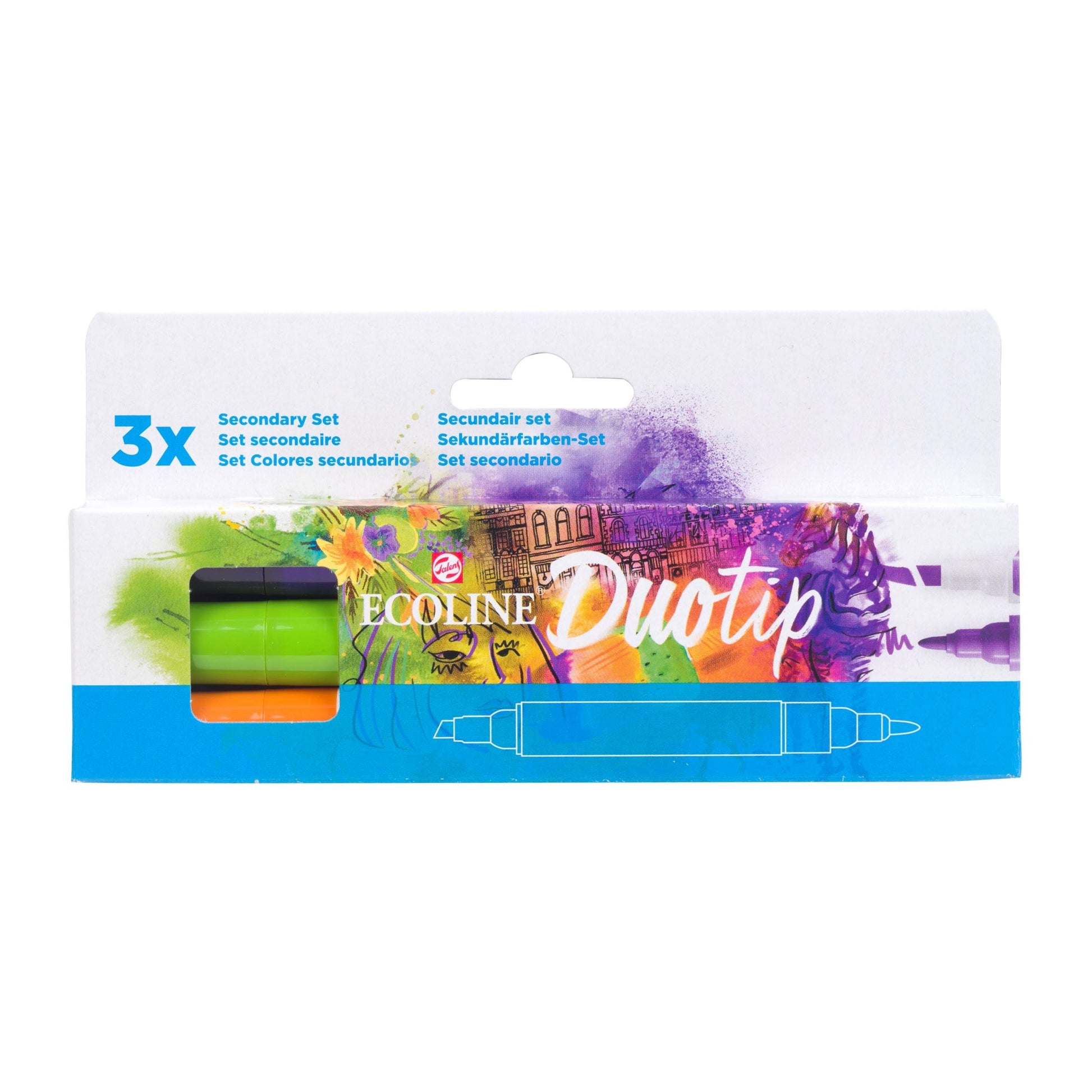 Ecoline Brush Pen Duotip – Keilspitze 6 mm, Rundspitze 1-2 mm – 3er-Set – sortiert – wasservermalbar