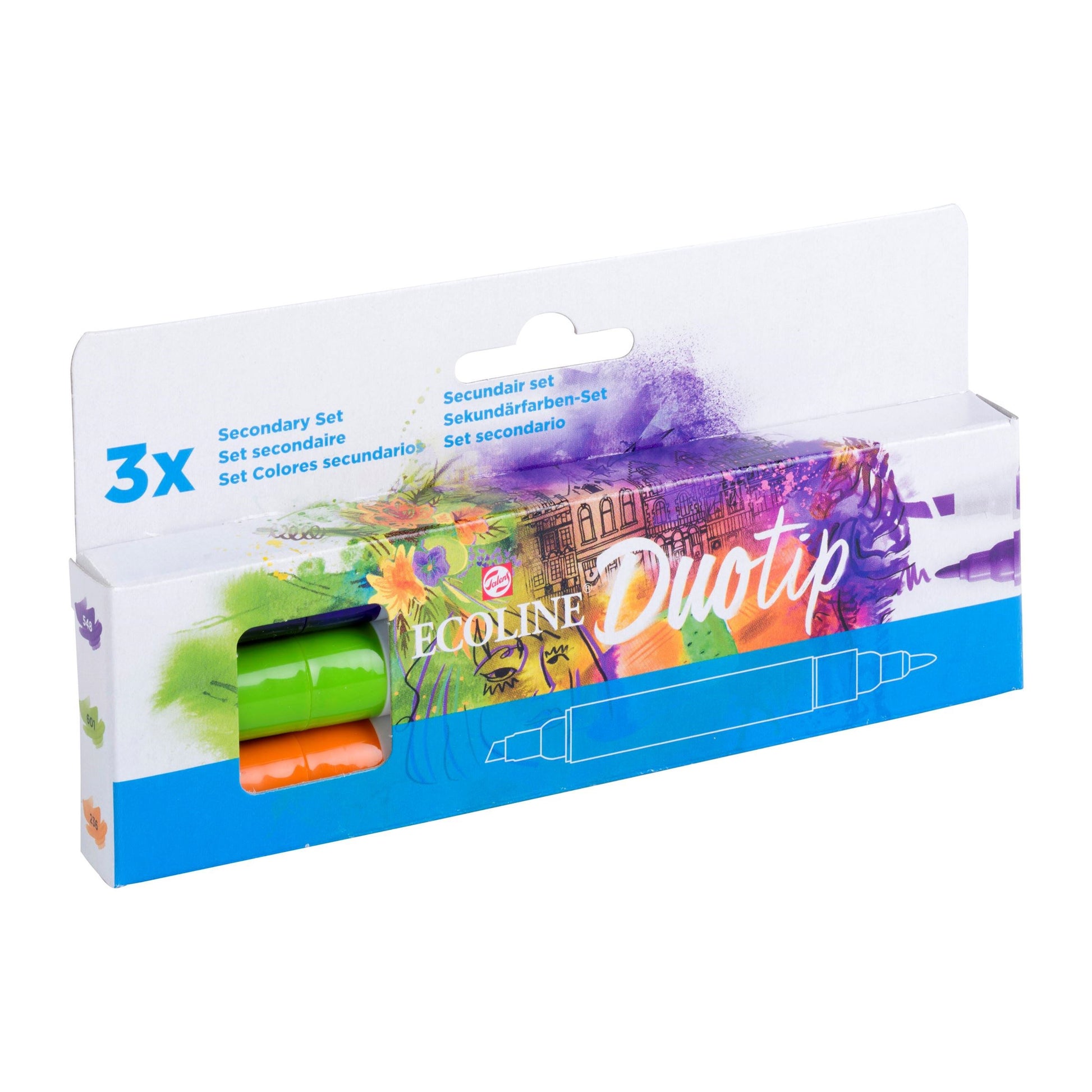 Ecoline Brush Pen Duotip – Keilspitze 6 mm, Rundspitze 1-2 mm – 3er-Set – sortiert – wasservermalbar