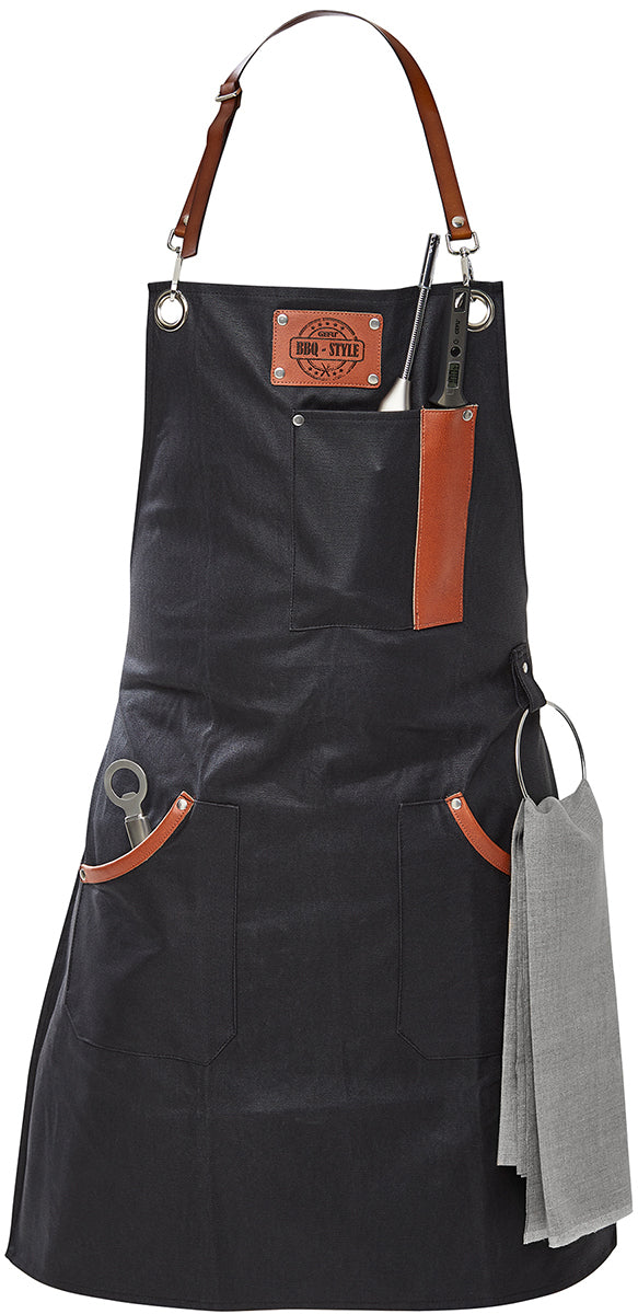 GEFU Schürze zum Grillieren – Baumwolle/Aluminium/Leder/Edelstahl, 65×90 cm – Schwarz, mit 2 Taschen