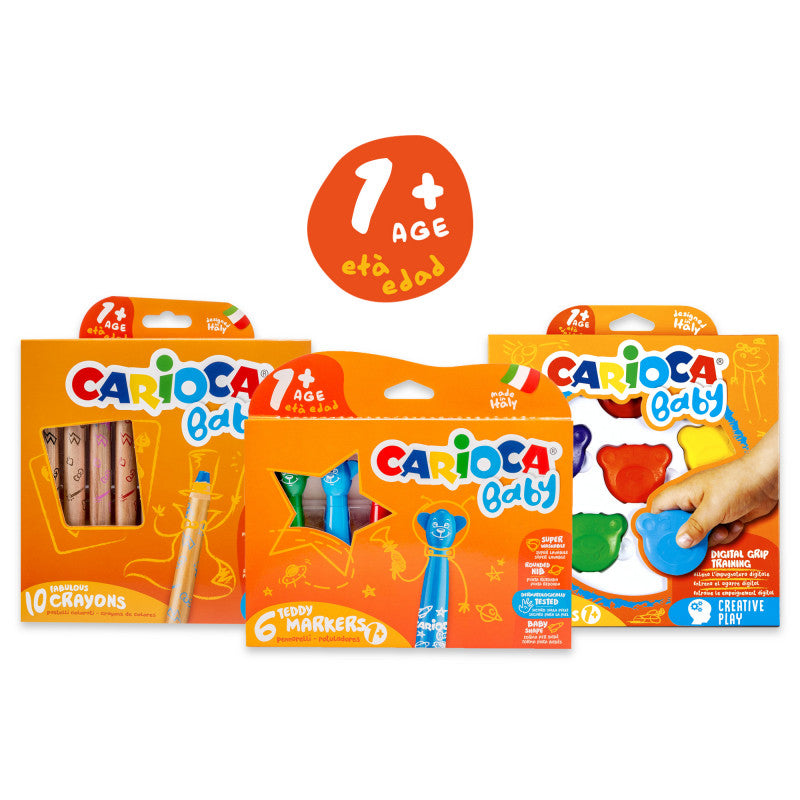 Carioca Stifte-Set Baby – farbig sortiert, 22er-Pack, ab 1 Jahr, Motiv Teddy, inkl. Bleistiftspitzer