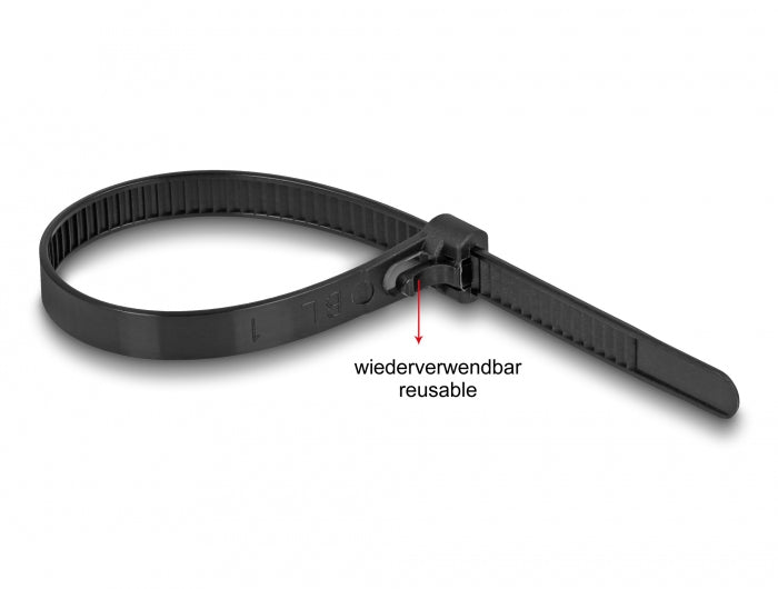 DeLOCK Kabelbinder, 200×7,5 mm, 100er-Pack, wiederverwendbar, hitzebeständig, mit Klettverschluss – schwarz