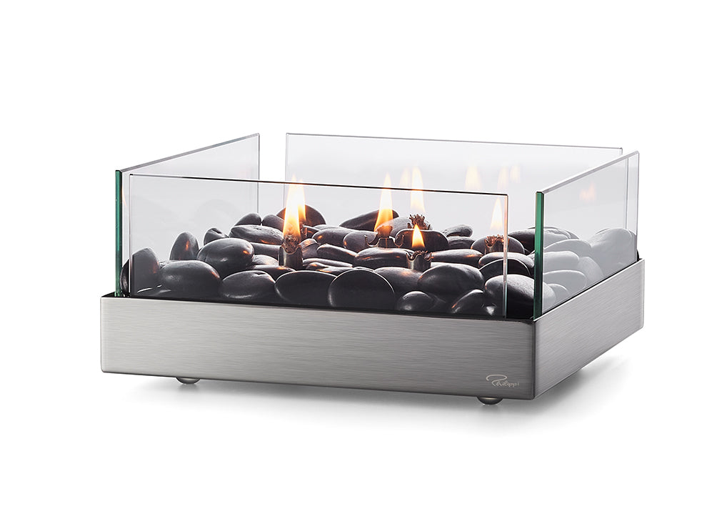 Philippi Tischkamin – 22,9 × 22,9 × 10,2 cm – Glas & Edelstahl, mehrfarbig