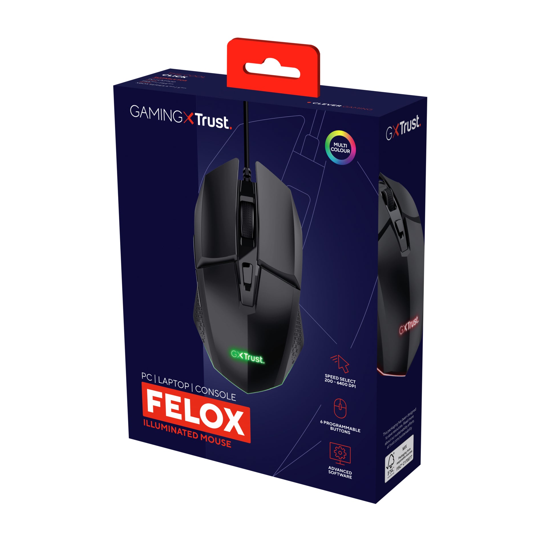 Trust GXT109 Felox Gaming-Maus – kabelgebunden, beidhändig, programmierbare Tasten, RGB-Beleuchtung, schwarz