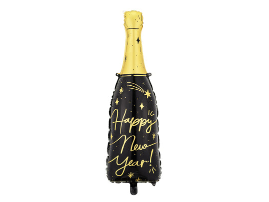 PartyDeco Folienballon Flasche Neujahr – Gold/Schwarz – 27 × 88 cm – Folie – 1 Stk
