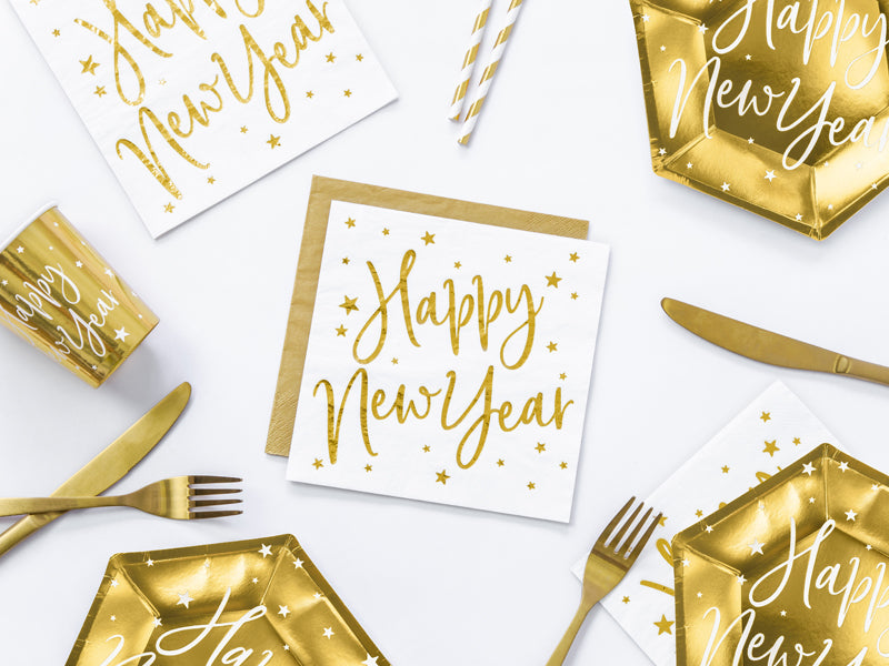 PartyDeco Neujahrsservietten – gold, weiss – 33 × 33 cm, 3-lagig – 20 Stück