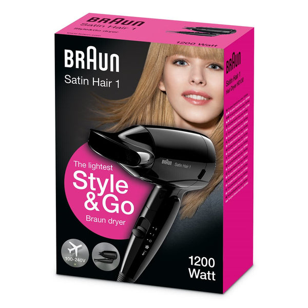 Braun Haartrockner Satin Hair 1 HD130 – 1200 W, Klappgriff, Ionenfunktion – Schwarz