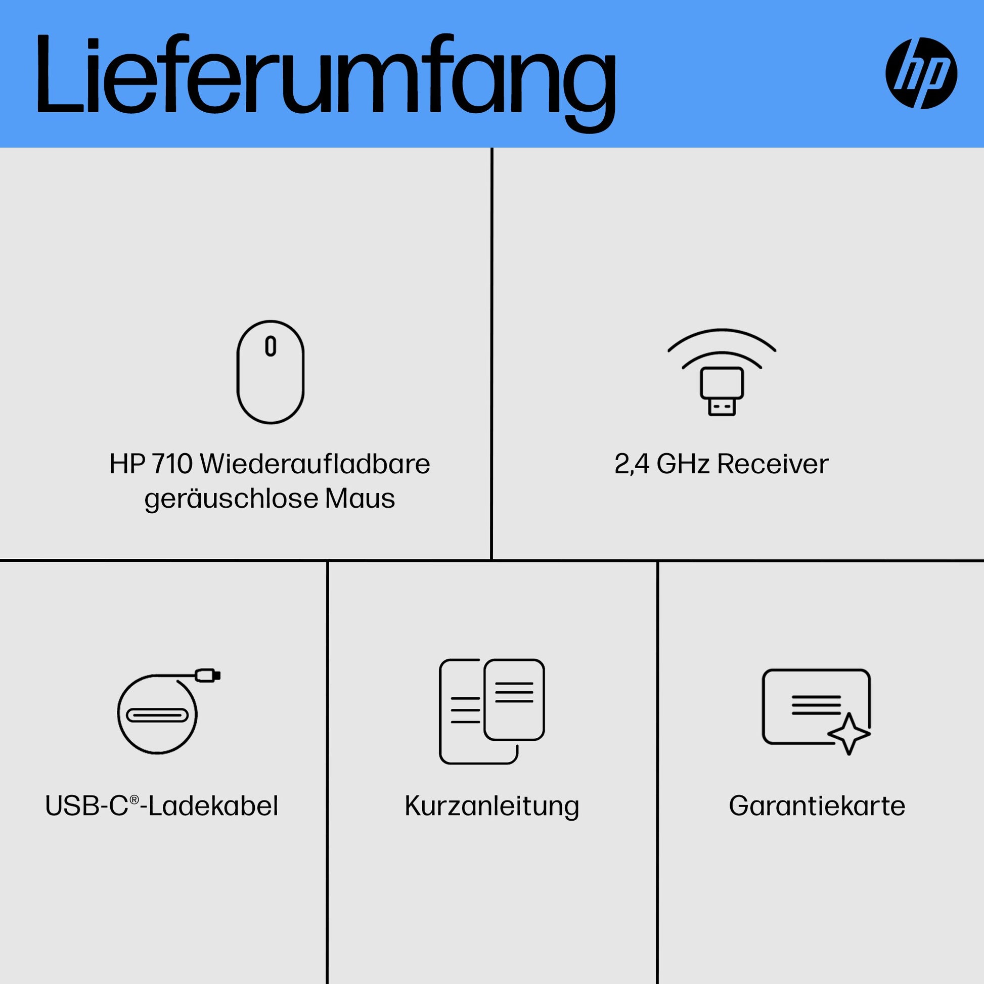 HP 710 Maus – kabellos, 3'000 dpi, 7 Tasten, beidhändig, wiederaufladbar, Silent-Tasten, schwarz