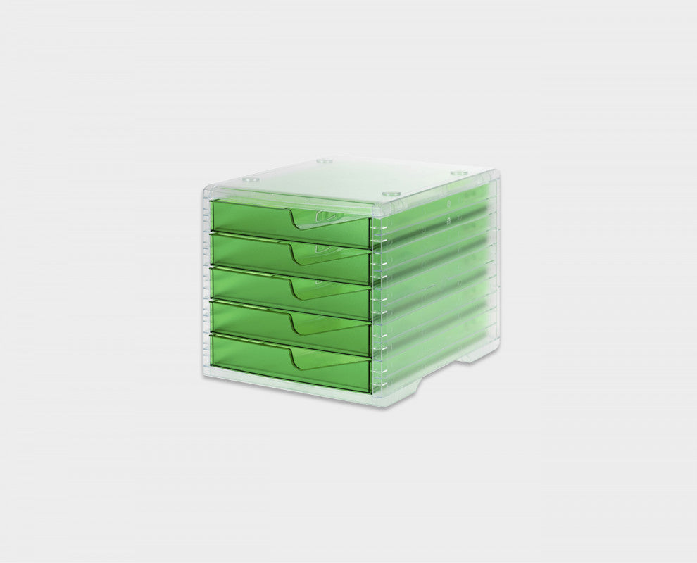 Styro Schubladenbox – 5 Schubladen, für C4, stapelbar, transparent/grün, B 270 × H 255 × T 340 mm