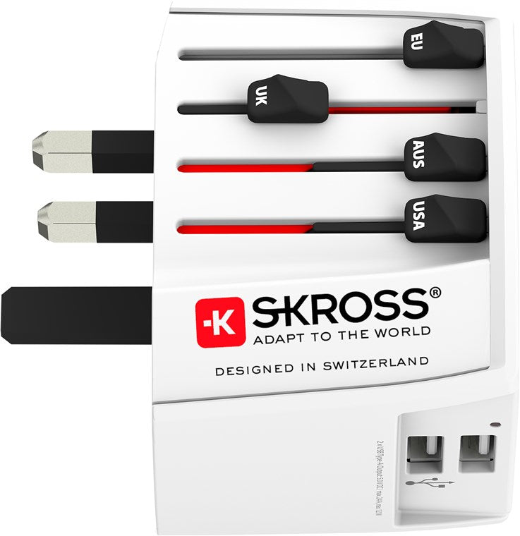 SKROSS MUV Reiseadapter 2-polig – 2× USB-A, 5 V/2,4 A (geteilt) – für weltweite Steckdosen – Weiss