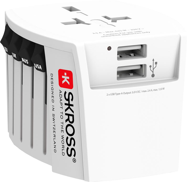 SKROSS MUV Reiseadapter 2-polig – 2× USB-A, 5 V/2,4 A (geteilt) – für weltweite Steckdosen – Weiss