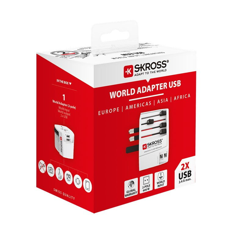 SKROSS MUV Reiseadapter 2-polig – 2× USB-A, 5 V/2,4 A (geteilt) – für weltweite Steckdosen – Weiss
