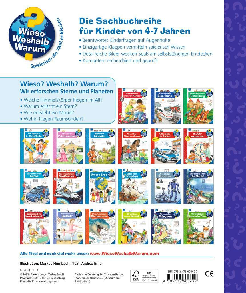 Ravensburger Buch – WWW59: Wir erforschen Sterne und Planeten, Spiralbindung, 16 Seiten, Deutsch, 4–7 Jahre