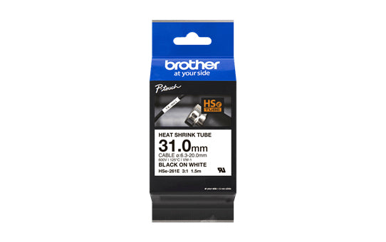 Brother HSe-261E Schrumpfschlauch – schwarz auf weiss – Ø 6,3–20,0 mm – für Brother