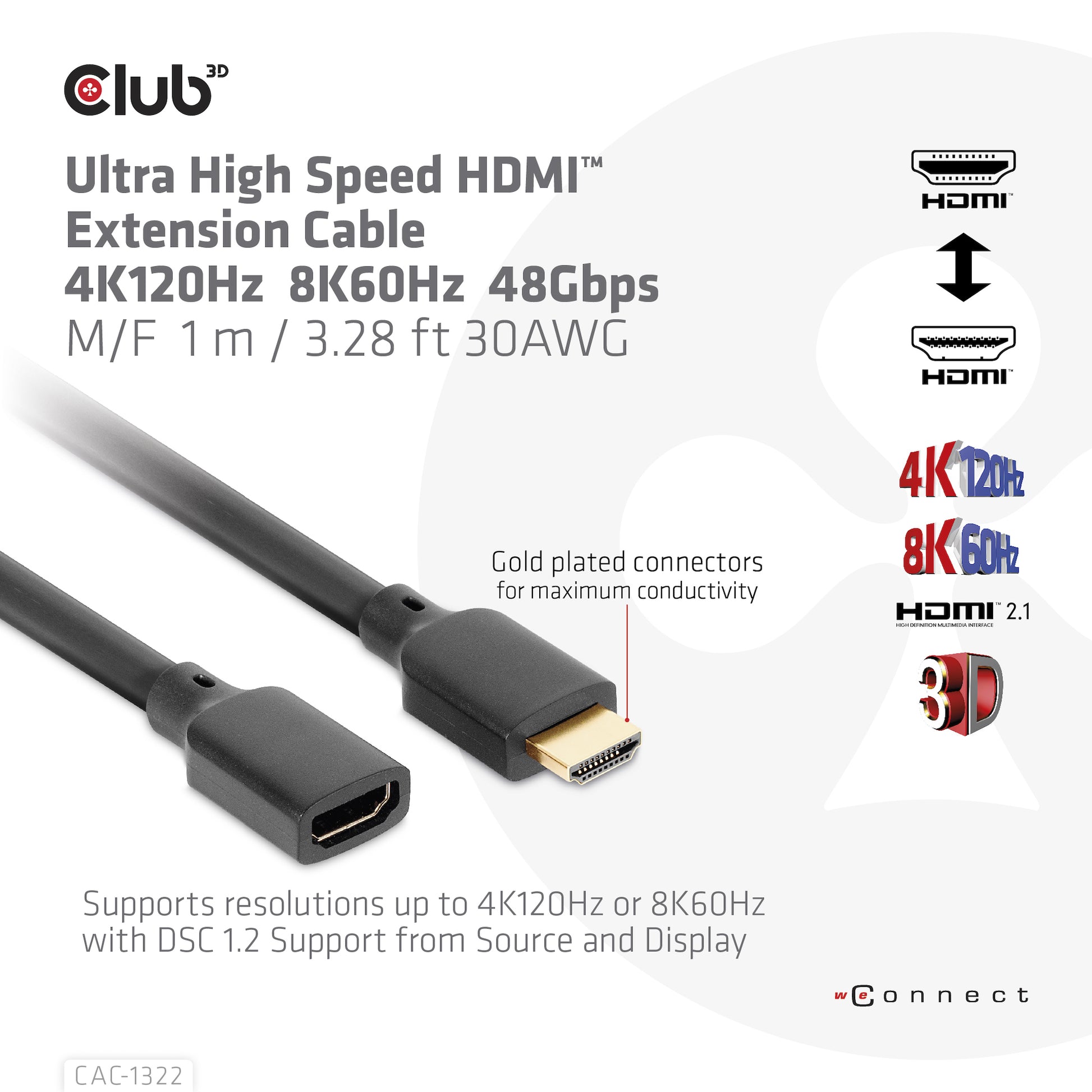 CLUB3D Club 3D HDMI Verlängerungskabel HDMI 2.1 8K 60 Hz – 1 m – HDR, ARC