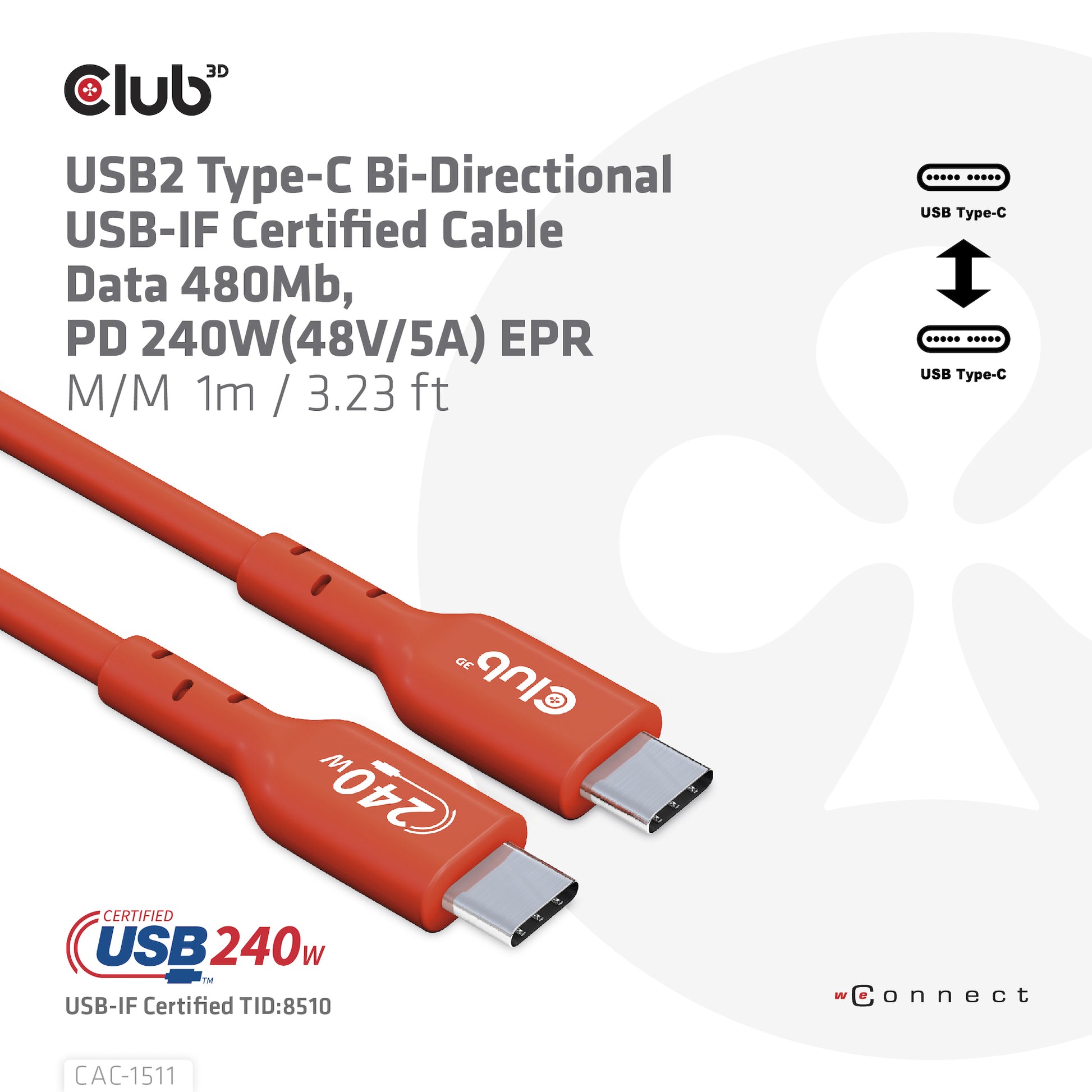 CLUB3D Club 3D – USB-C auf USB-C Kabel – USB 2.0 (480 Mbit/s) – 1 m – PD 240 W – USB-IF zertifiziert – Rot