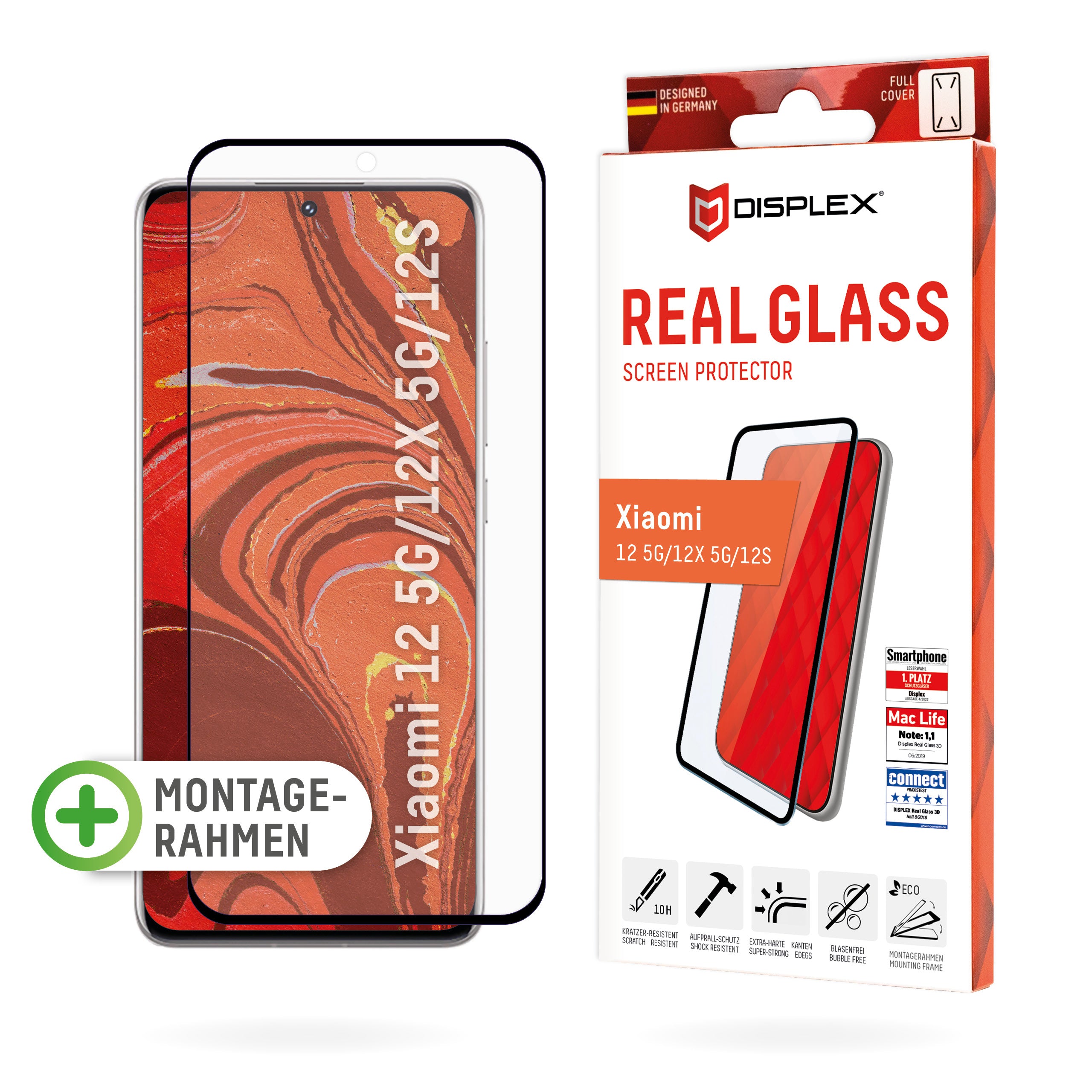 Displex Displayschutz (Panzerglas), Full Cover – für Xiaomi 12 5G/12X 5G/12S – mit Applikator