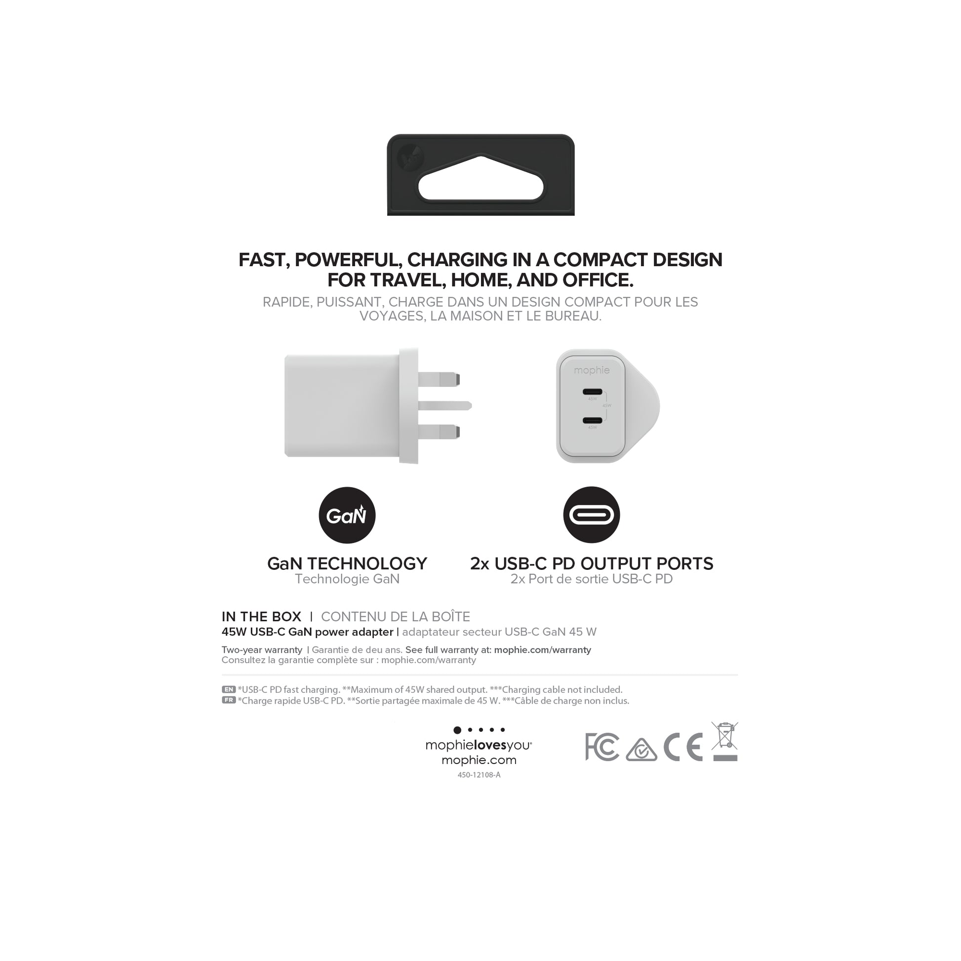 mophie Netzteil (UK) – 45 W, 2× USB-C, PD, GaN