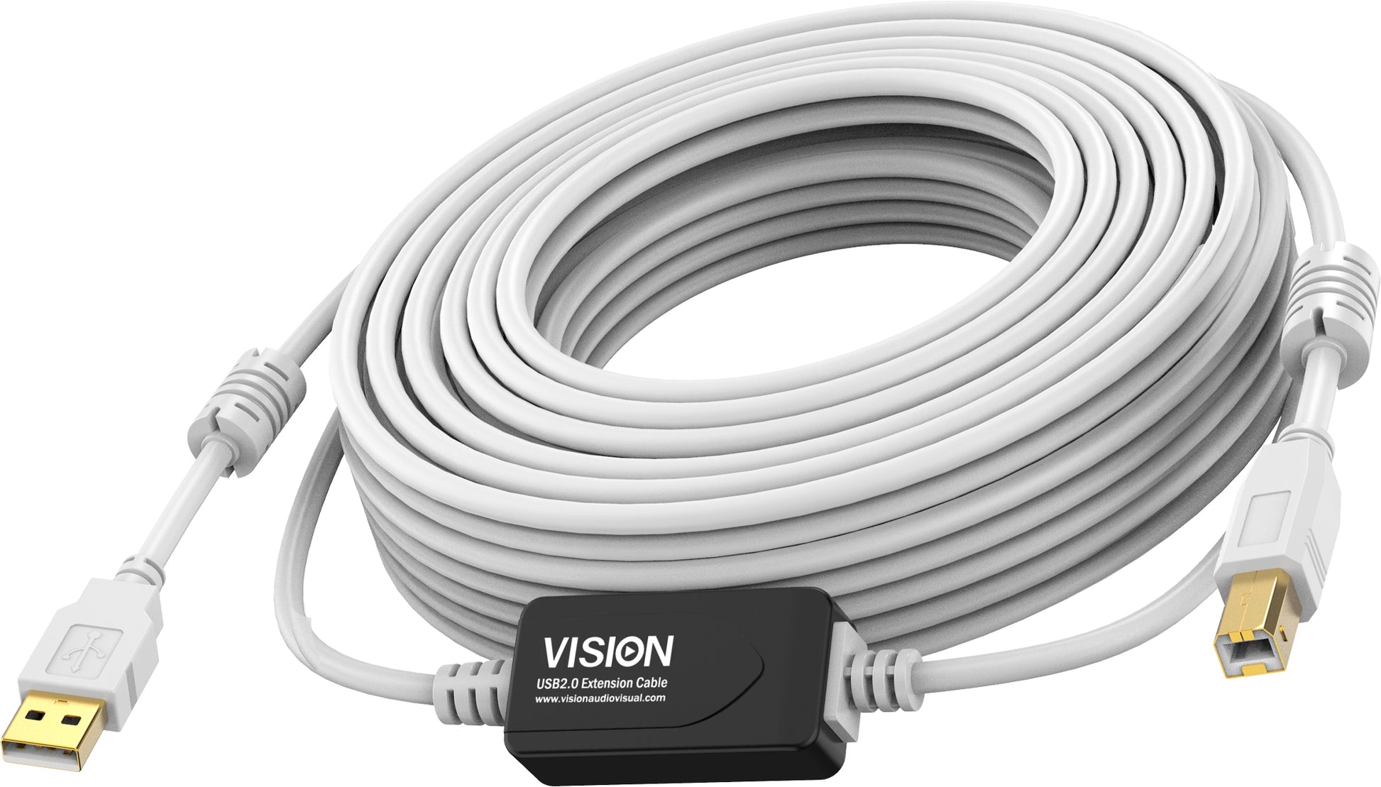 Vision USB-A auf USB-B Kabel – USB 2.0 (480 Mbit/s) – 10 m – Goldstecker, PVC – Weiss