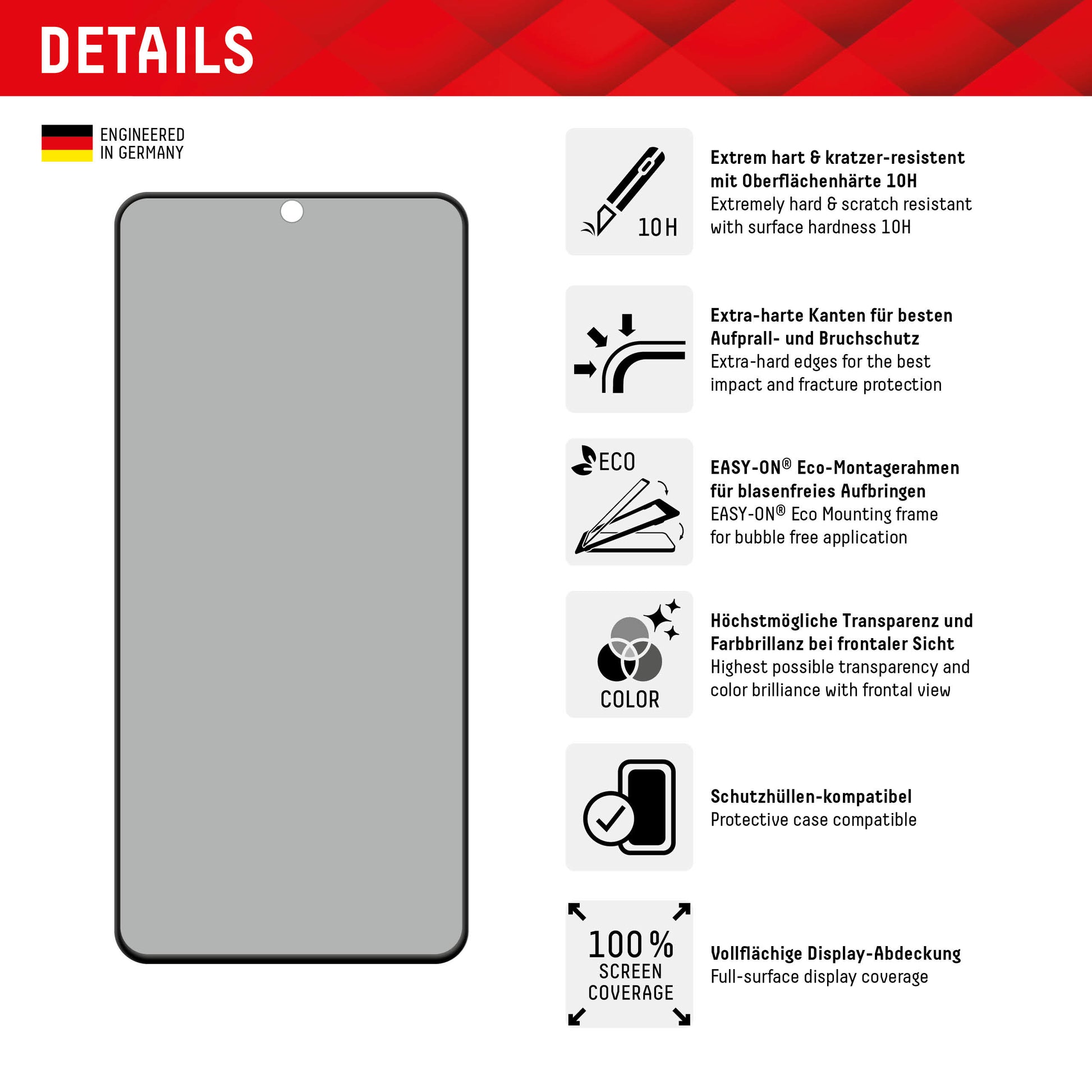 Displex Privacy-Filter (Panzerglas), 10H – für Galaxy S22/S23 – mit Applikator