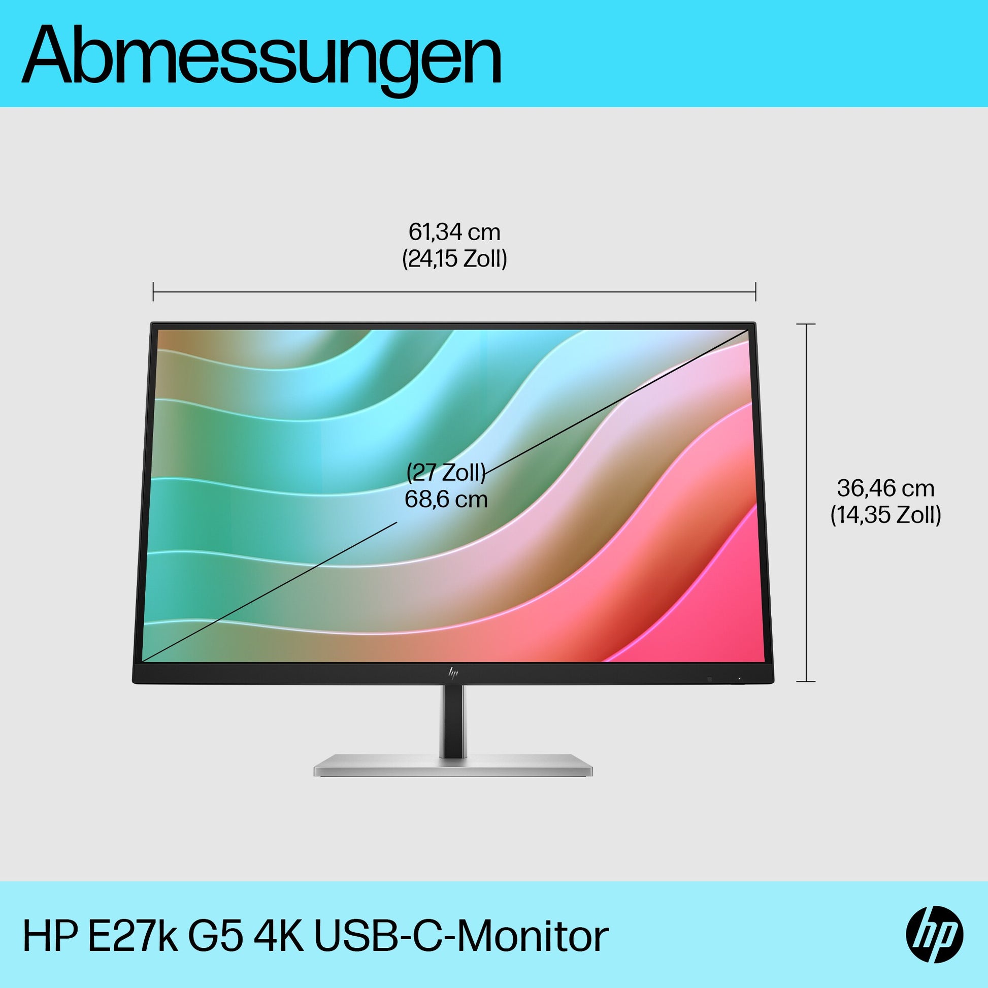 HP E27k G5 – Monitor, 27", 3840 × 2160 (UHD 4K), IPS, 60 Hz, 350 cd/m², USB-C, VESA 100 × 100, Schwarz, Silber