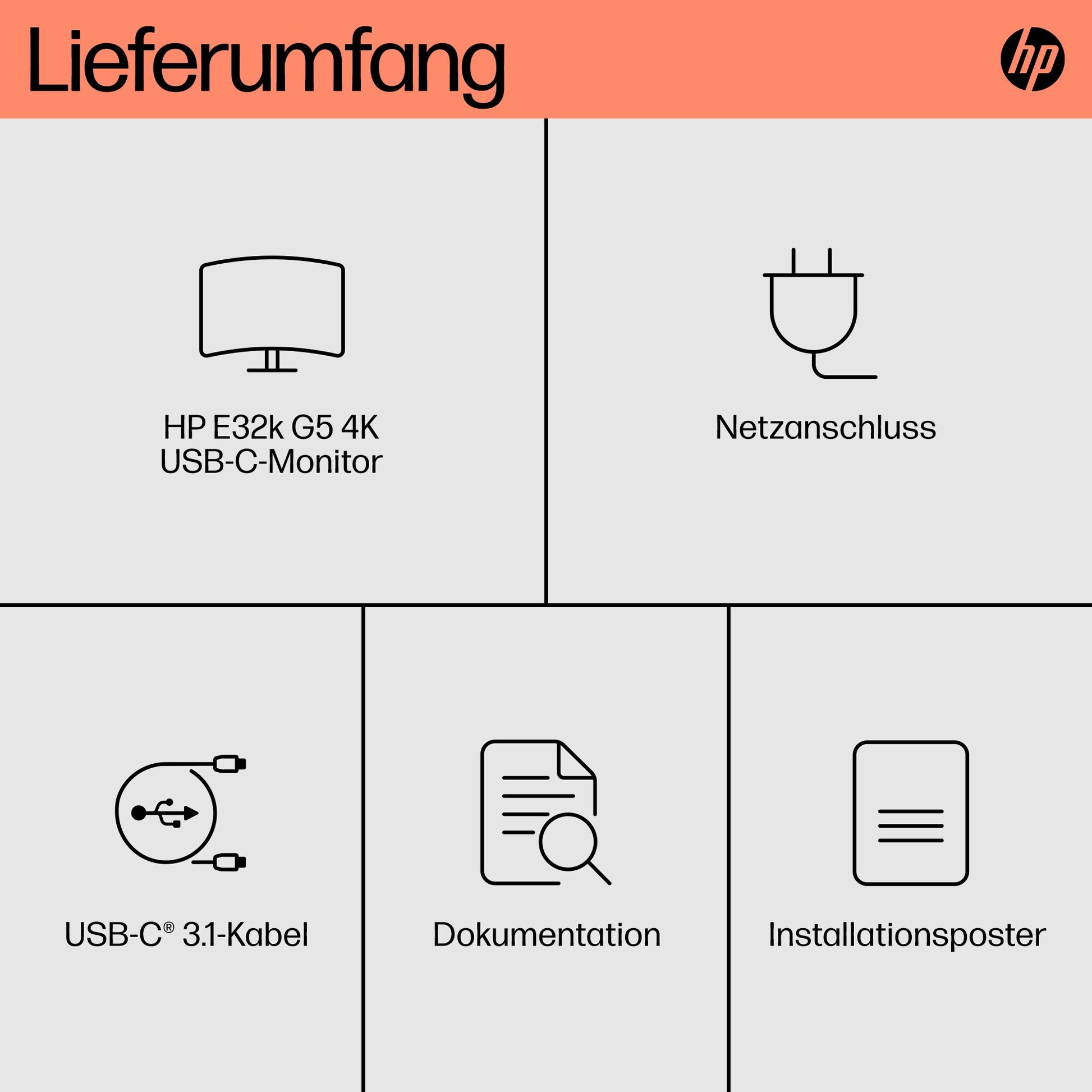 HP E32K G5 – Monitor, 31,5" 4K UHD (3840 × 2160), IPS, 60 Hz, 350 cd/m², USB-C, VESA 100 × 100, Schwarz