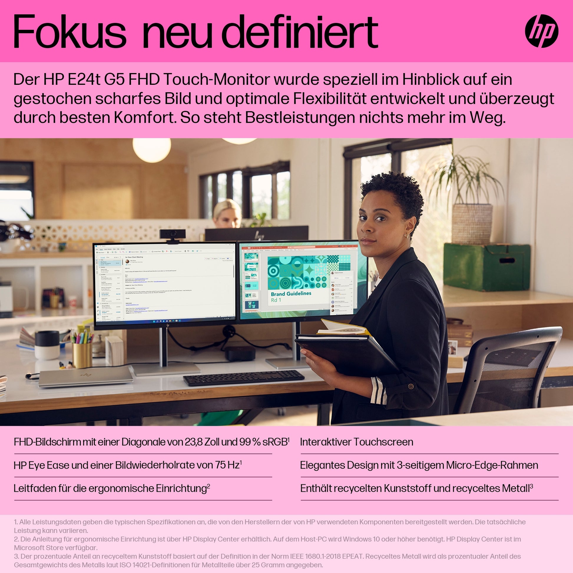 HP E24t G5 – Monitor, 23,8" 1920 × 1080 (Full HD), IPS, Touch, 75 Hz, 300 cd/m², VESA 100 × 100, Schwarz