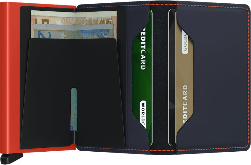 Secrid Slimwallet Kartenetui – RFID-Schutz – 12 Karten, 68 × 102 × 16 mm – Leder – Nightblue/Orange