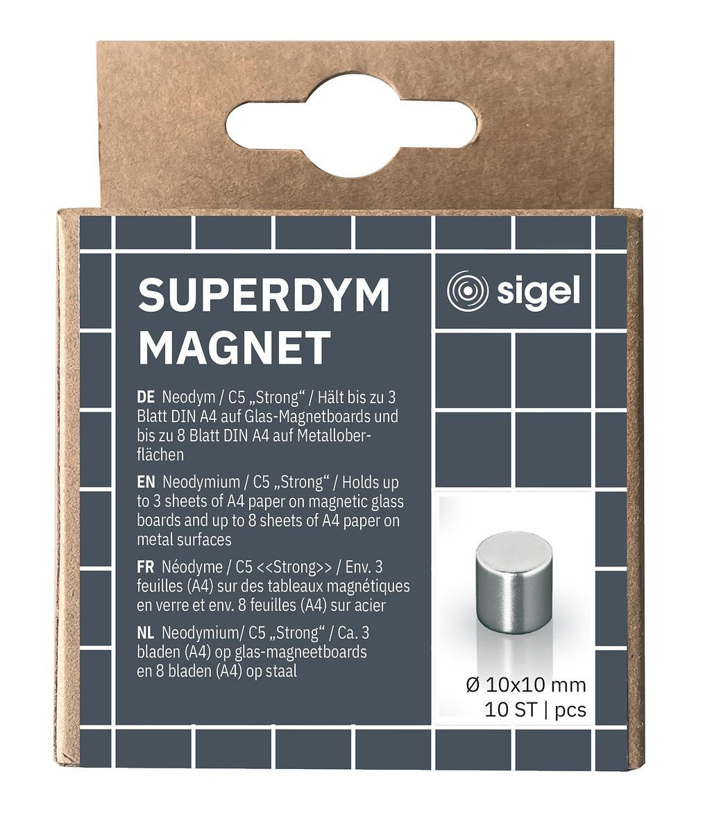 Sigel Zylindermagnet – Silber – Ø 10 mm, H 10 mm, 10 Stück – für Glas-Magnetboards – Stahl