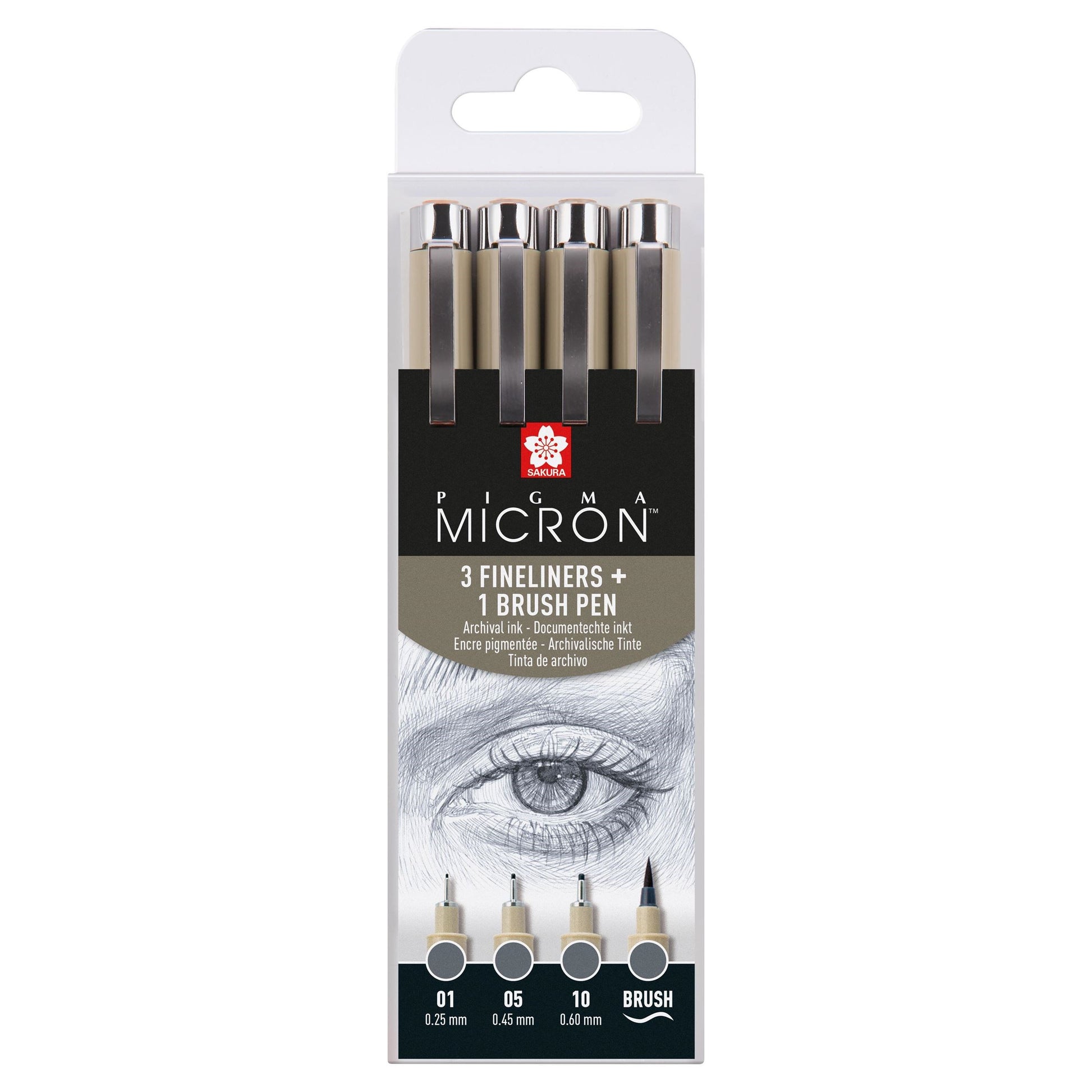 Sakura Pigma Micron Fineliner Set – 4 Stk., 0,45–0,6 mm, grau, wasserfest