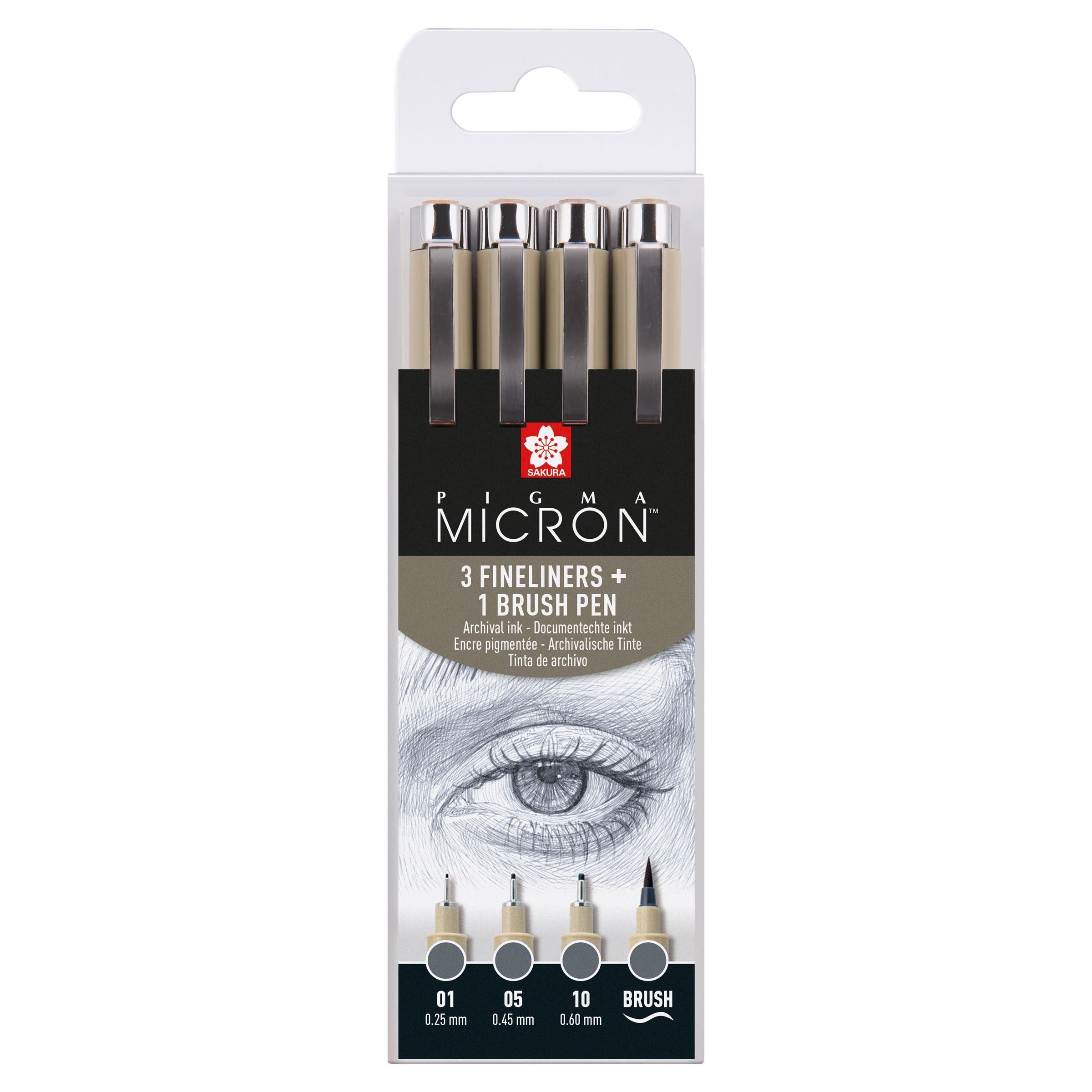 Sakura Pigma Micron Fineliner Set – 4 Stk., 0,45–0,6 mm, grau, wasserfest