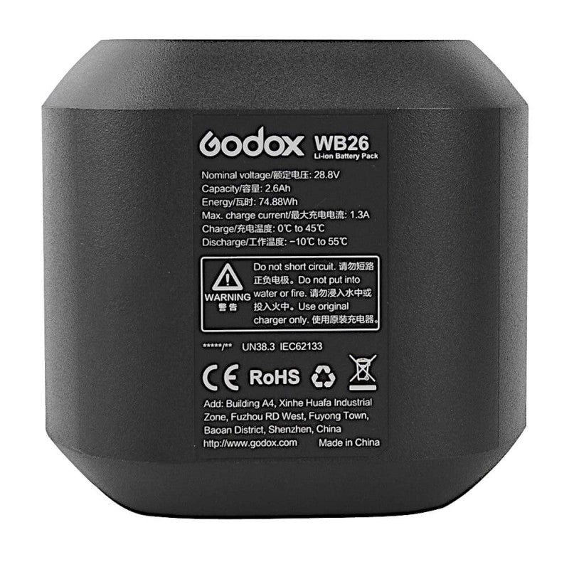 Godox WB26 Akku – 2600 mAh, 28,8 V, 75 Wh, Lithium-Ion (Li-Ion) – 110 × 114 × 78 mm – für Godox AD600 Pro