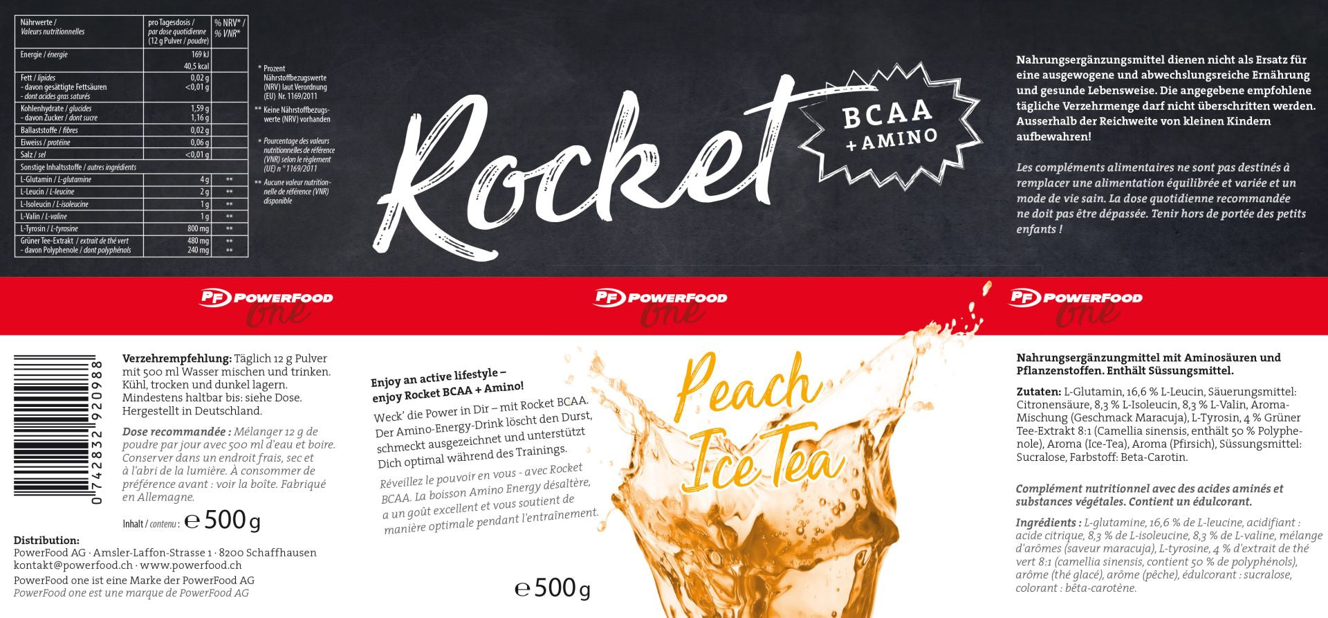 PowerFood BCAA Pulver Pfirsich – vegan, laktosefrei – 500 g