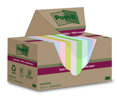 Post-it Haftnotizen Super Sticky – 47,6×47,6 mm – sortiert, 12×70 Blatt, PEFC