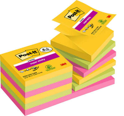Post-it Haftnotizen Super Sticky – 76×76 mm – sortiert, 12×90 Blatt, PEFC