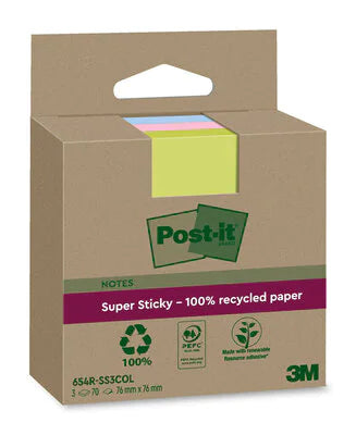 Post-it Haftnotizen Super Sticky – 76×76 mm – sortiert, 3×70 Blatt, PEFC