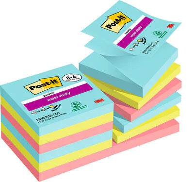 Post-it Super Sticky Z-Notes Haftnotizen – 76 × 76 mm – sortiert, Z-Faltung, 90 Blatt/Block, 12er-Pack, PEFC