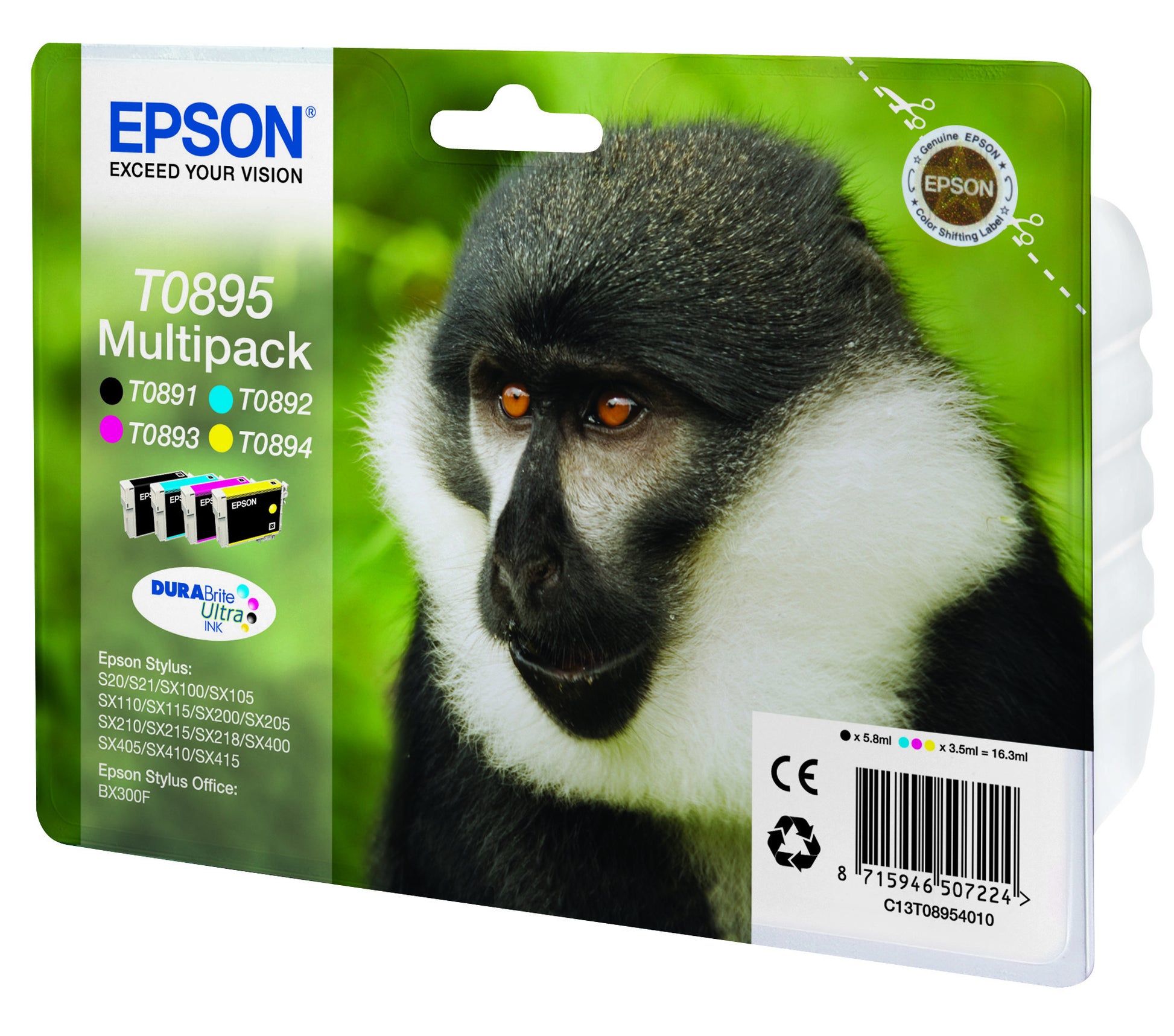 Epson T0895 Tintenpatronen-Multipack, Schwarz/Cyan/Magenta/Gelb (Original) – für Epson Stylus SX415/SX410 …
