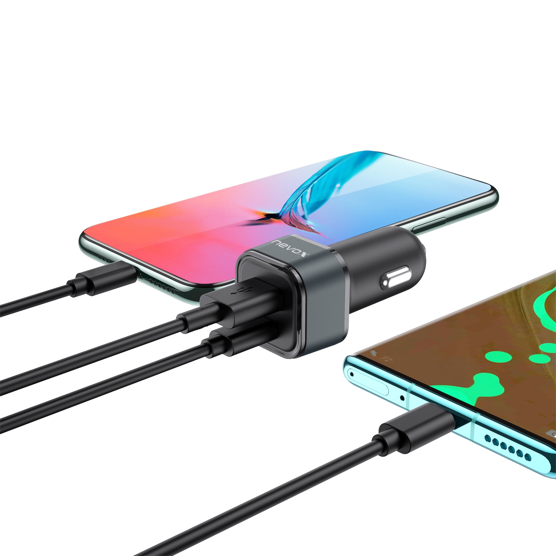Nevox Dual Auto Ladegerät Auto-Ladegerät 48 W – USB-C×1, USB-A×1 – PD – für Fahrzeuge 12–24 V – Schwarz