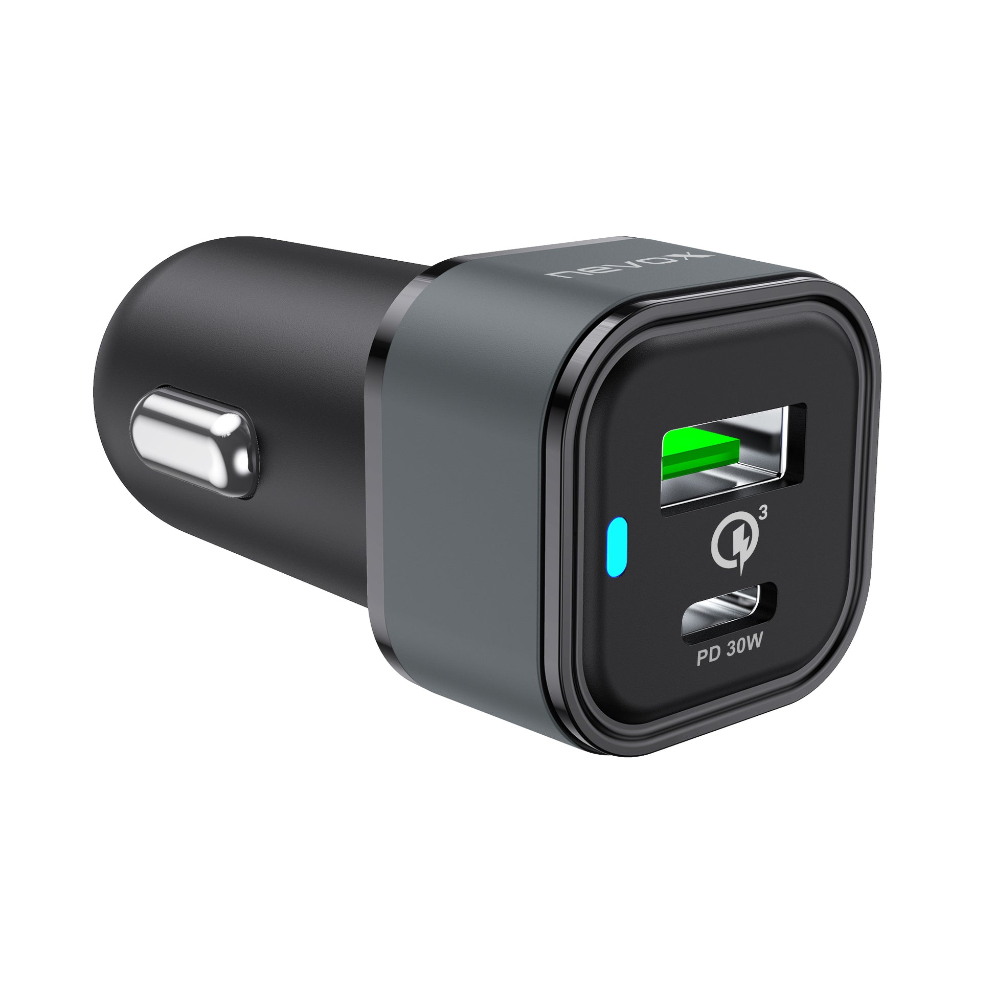 Nevox Dual Auto Ladegerät Auto-Ladegerät 48 W – USB-C×1, USB-A×1 – PD – für Fahrzeuge 12–24 V – Schwarz