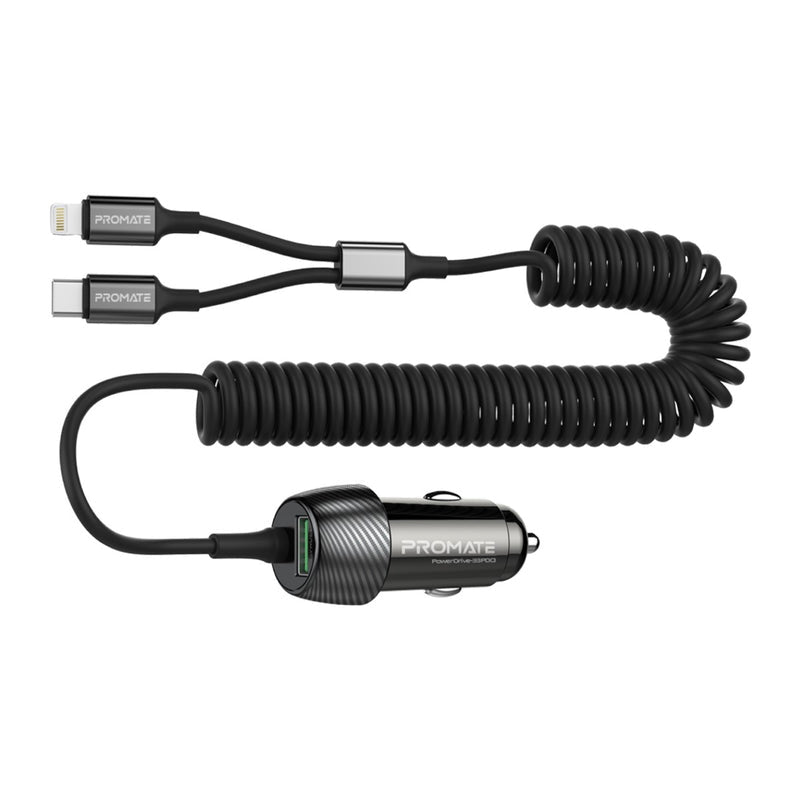 Promate PowerDrive-33PDCI Auto-Ladegerät 33 W – USB-C×1, USB-A×1, Lightning×1 – PD, QC 3.0 – für 12–24 V