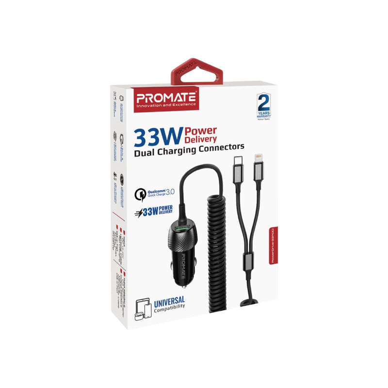 Promate PowerDrive-33PDCI Auto-Ladegerät 33 W – USB-C×1, USB-A×1, Lightning×1 – PD, QC 3.0 – für 12–24 V