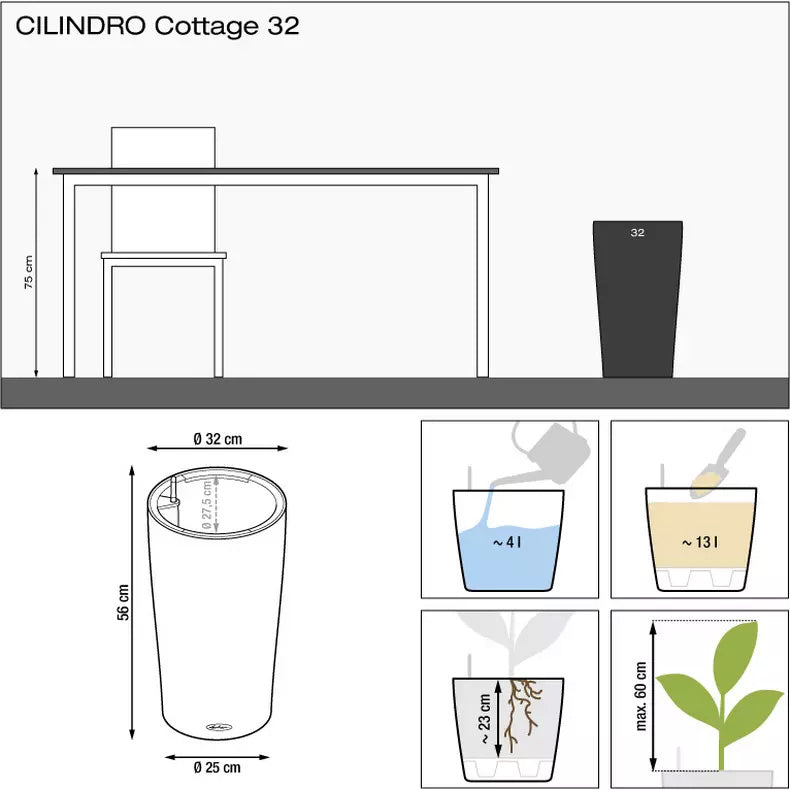 LECHUZA CILINDRO cottage Pflanzkübel – Ø 32 × 56 cm – Kunststoff, grau