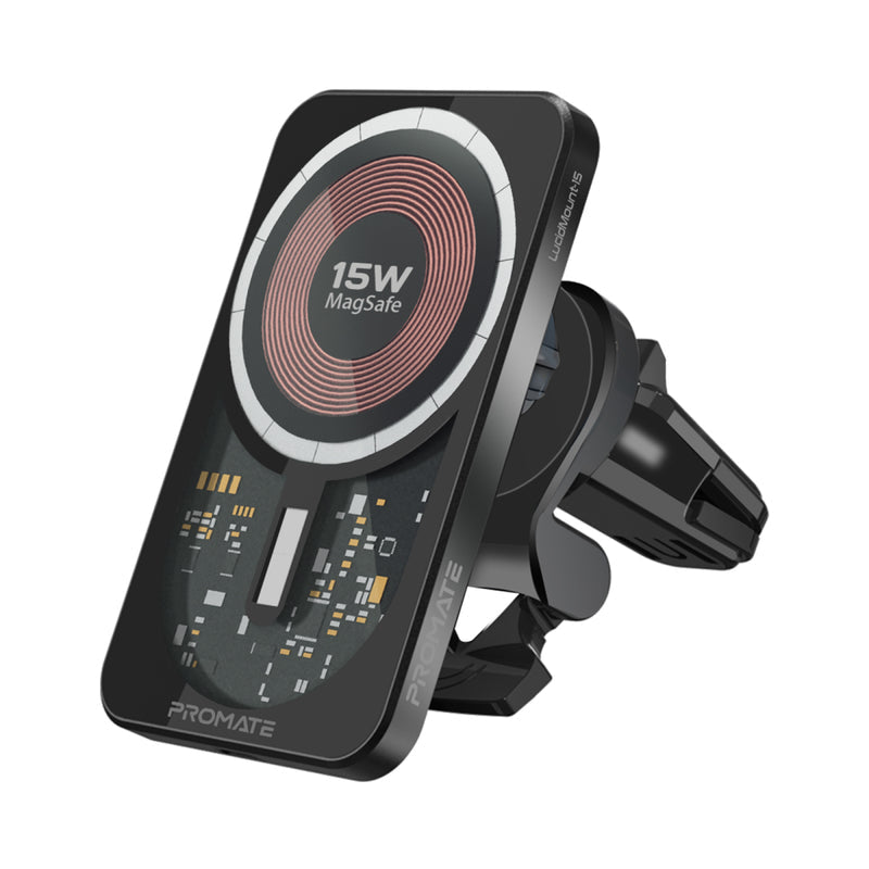 Promate LucidMount-15 – Auto-Ladehalterung – Qi 15 W, MagSafe, 360°-Drehung, Kabellänge 1,2 m, Schwarz