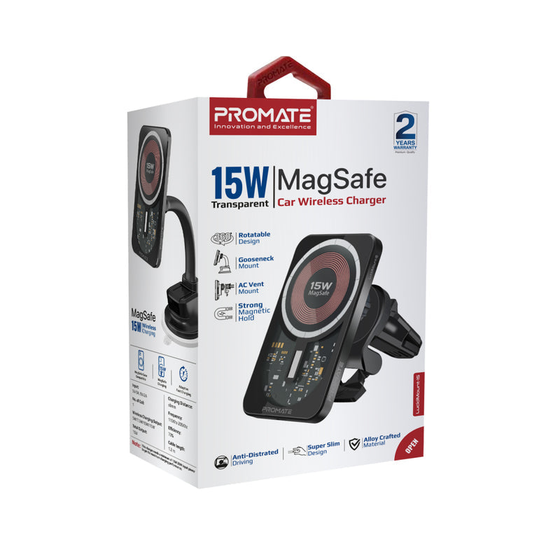 Promate LucidMount-15 – Auto-Ladehalterung – Qi 15 W, MagSafe, 360°-Drehung, Kabellänge 1,2 m, Schwarz