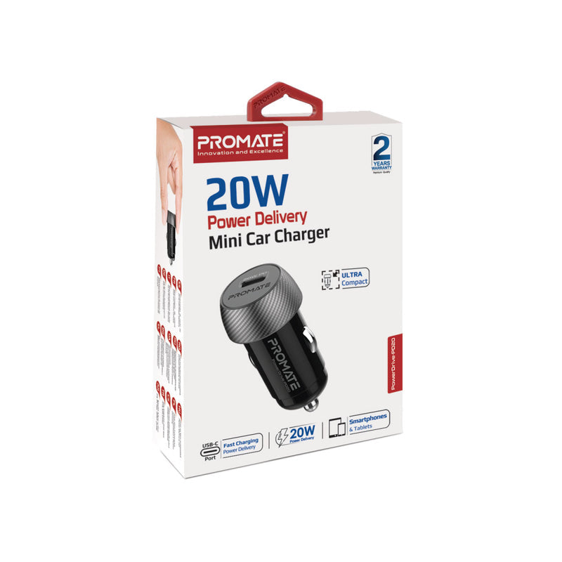 Promate PowerDrive-PD20 Auto-Ladegerät 20 W – USB-C×1 – PD – für 12–24 V (Zigarettenanzünder)
